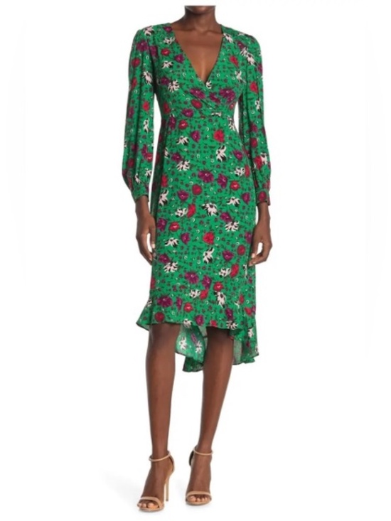 ba&sh Dresses & Skirts - ba&sh Paloma Green Floral Wrap Midi Dress Ruffle High Low Hem Size 3 US 10
